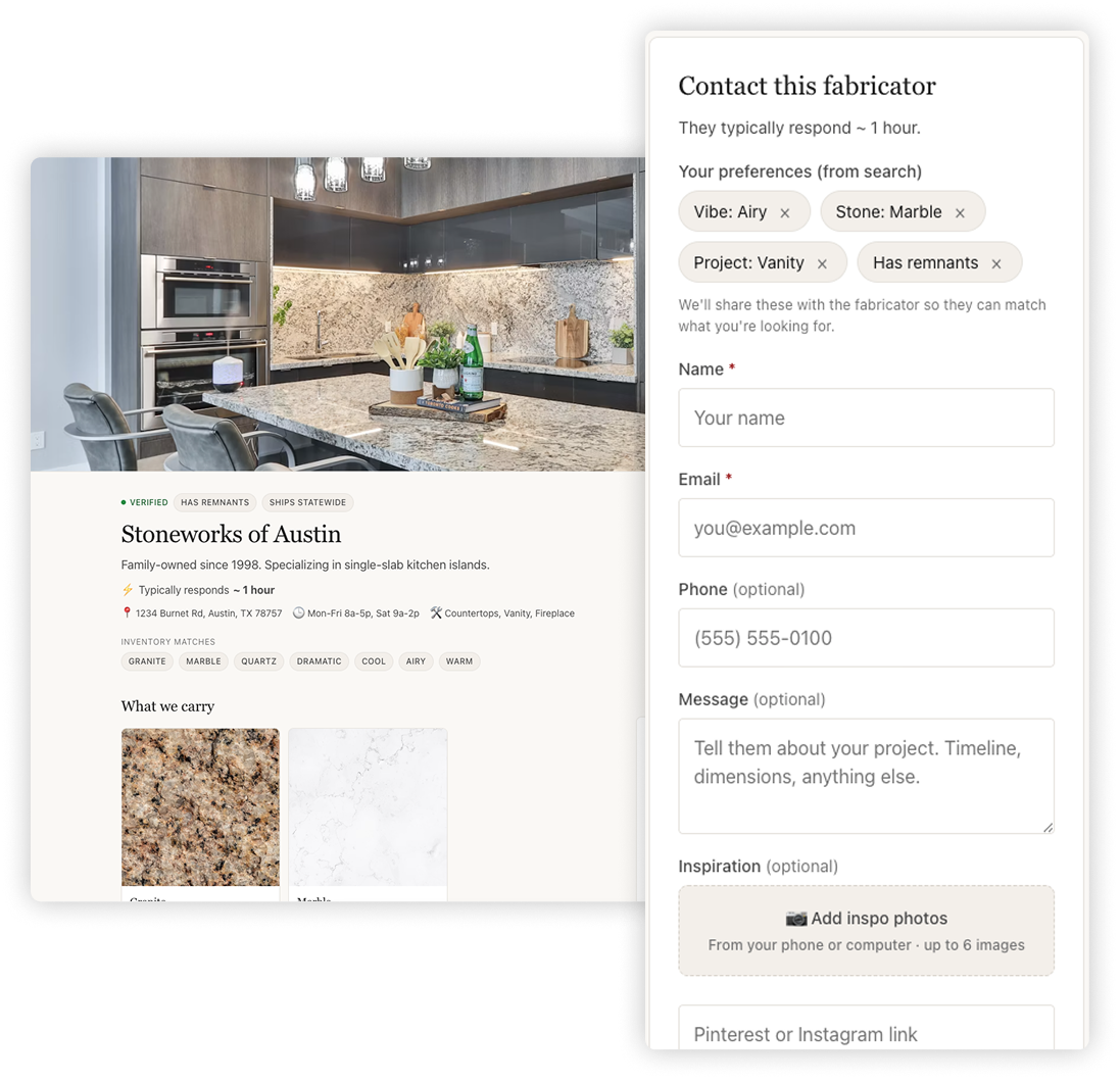 Fabricator public profile showing gallery, services, and contact form