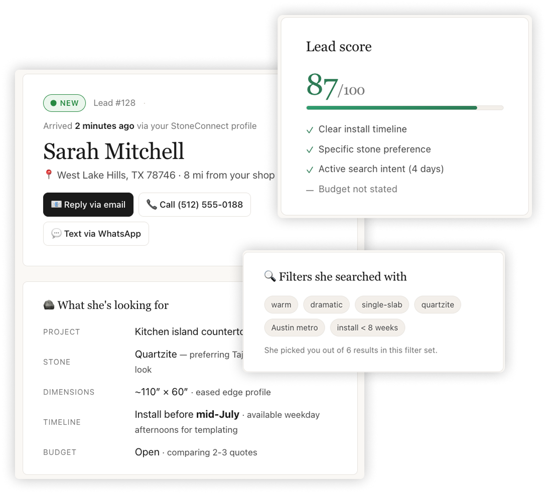 Lead detail view with project info, lead score, and contact options